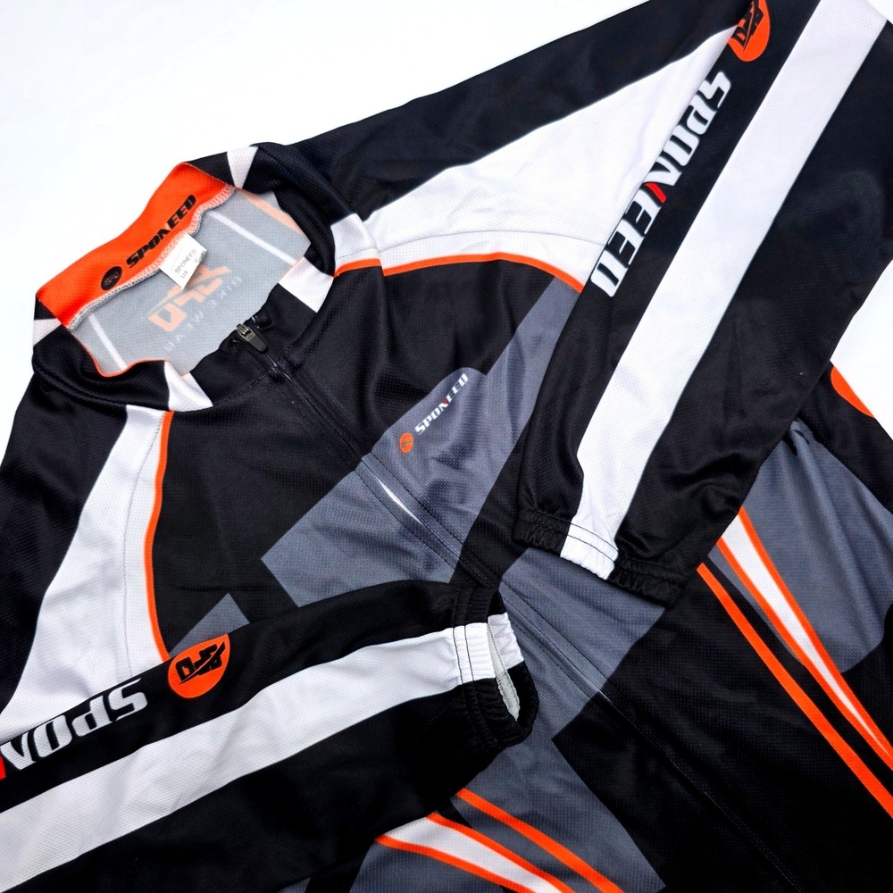 Sponeed Mens Cycling Jersey Long‎ Sleeve Full Zip Black Orange White Size Medium